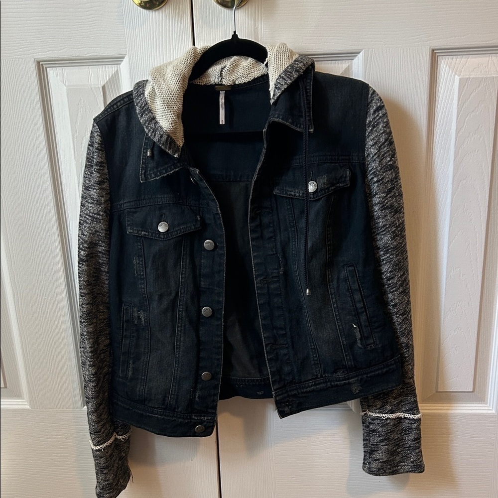 Free People Black Denim Jacket with Gray Knit Sleeves